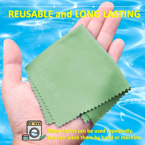 Green microfiber cloth from Premium Microfiber Cleaning Cloths 12 Pack For Glasses Cameras And Screens, held in hand, showing texture.