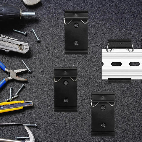 12 Pack Din Rail Mounting Clips One Point Oh Eight Inch Wide Snap In Universal Black Aluminum Alloy Relay Clips for 35mm Din Rail Switches and Injectors Durable Easy Install Great for Electrical Panels and Enclosures displayed with tools and a rail