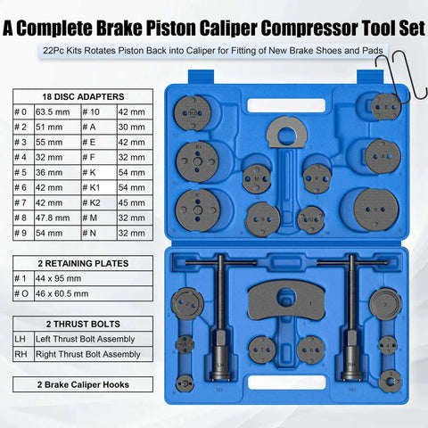 Must Have Universal Disc Brake Caliper Wind Back Tool And Piston Compression Set 26 Piece Blue Kit with adapters and bolts