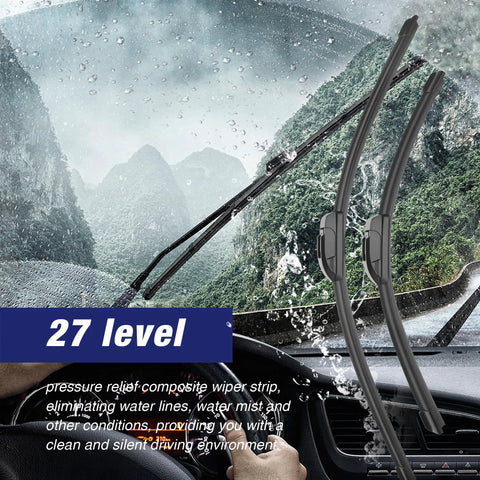 All Weather Pro 26 Inch And 16 Inch Wiper Blades Set for Hyundai Tucson Elantra Kona installed on a car windshield.