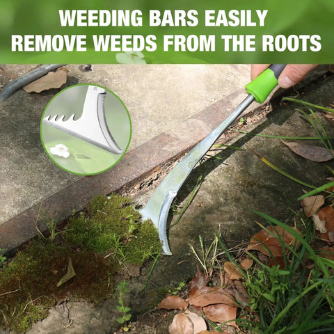 Crack Weeder With L Shaped Blade And Soft Grip Stainless Steel Handle For Effortless Root Pulling And Removal In Garden Lawn Yard Patio And Paving Crevice Scraper Tool in use on mossy patio cracks