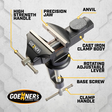 Portable Table Vise 3.2 Inch Jaw With 360 Degree Swivel Clamp On Base And Large Anvil For Woodworking Conduit Cutting Drilling Metalworking Ideal For Home Shop And Light Duty Projects Must Have Clamp On with labeled parts: handle, jaw, anvil.