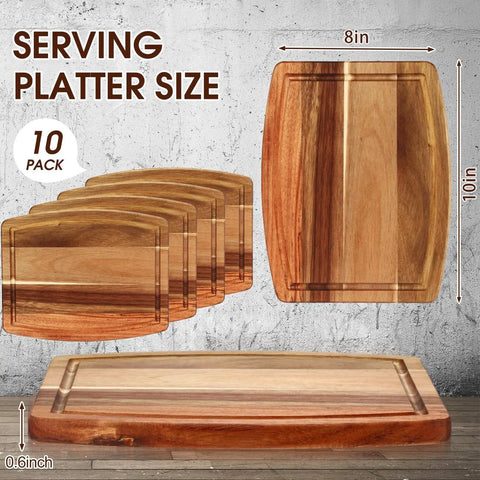 Acacia Wood Cutting Boards Set 10 Pcs Bulk for Laser Engraving and Charcuterie Serving Grooved Chopping Boards for Cheese Bread Fruit 8x10 Inches Party Ready Gift Worthy Holiday Housewarming