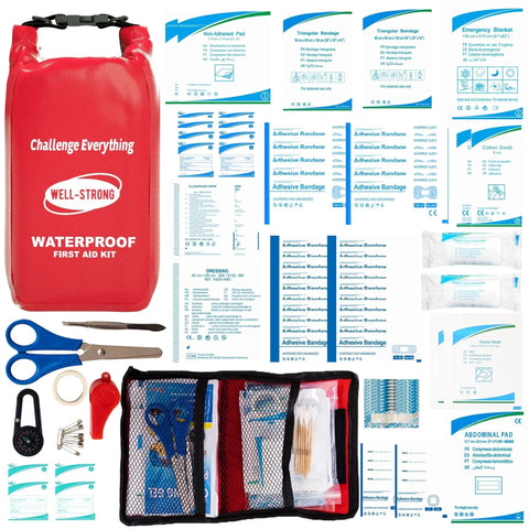 Waterproof Roll Top First Aid Kit For Boats And Outdoor Adventures Ideal For Fishing Kayaking Boating Swimming Camping Rafting And Beach Outings Red By Well Strong with contents displayed
