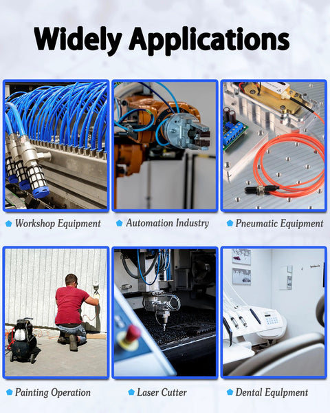 Blue polyurethane air hose kit, 8mm OD x 5mm ID, 10m length, with metal fittings.
Air hose setup in automation with blue PU tubing and robotic equipment.
Red PU air hose coil on a metal control platform.
Pneumatic tubing near a laser cutter in a manufacturing setup.
Air hose used in painting operation with spray gun equipment.
Pneumatic tubing in dental equipment setup with controls.