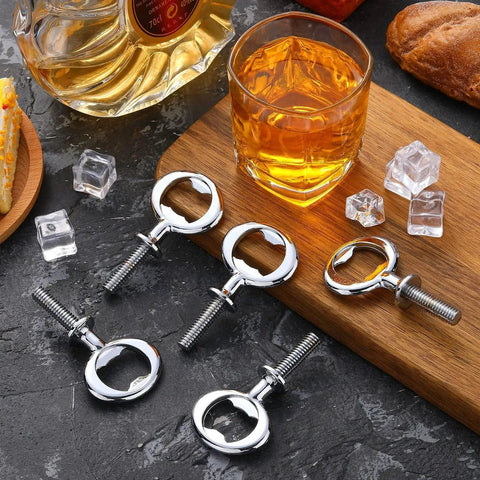 Metal Bottle Opener Set 7 Pcs Bulk Kit With Blank Openers For DIY Crafts and Wood Turning, silver finish, shown next to whiskey glass
