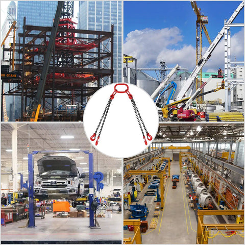 Happybuy 5 ft chain sling with four legs for engine lifting; 5/16 in G80 alloy steel, 3-ton capacity.