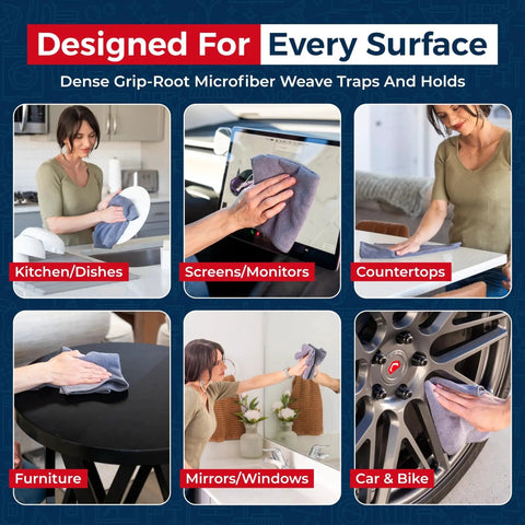 Collage showing uses of Ultra Absorbent Microfiber Cleaning Cloths for Car Shine Streakfree 12 Pack on various surfaces.
