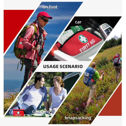 Must Have 110 Piece Mini Grab And Go First Aid Kit usage scenarios for travel, home, and outdoors with compact red case in different settings