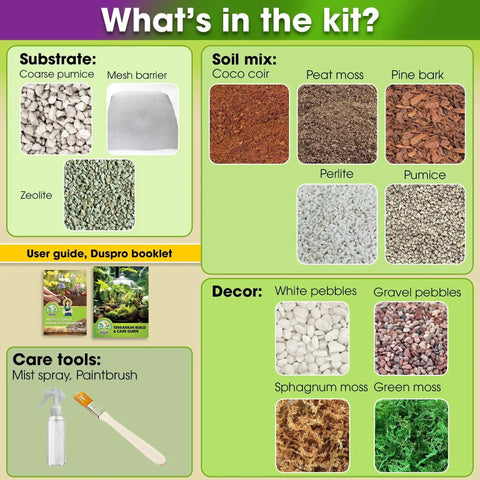 Contents of All In One Terrarium Kit With Premium Soil Mix Pumice Zeolite Moss Sphagnum Moss Decorative Stones Mesh And Tools