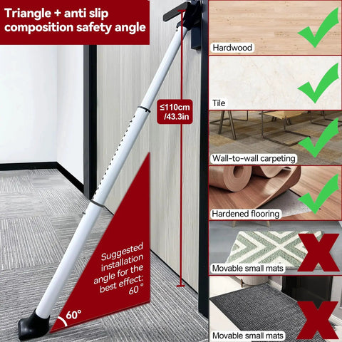Heavy Duty Door Security Bar Adjustable Jammer For Home Sliding Patio White installed against door with safety angle guide.