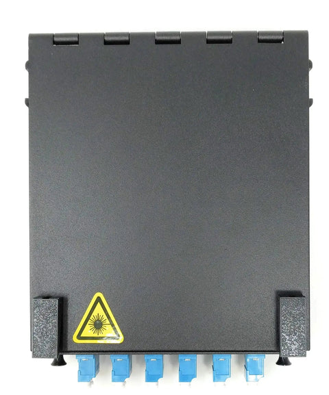 Wall Mount Fiber Enclosure with Splicing Module and Loaded Six Port LC UPC Singlemode Duplex LGX Panel front view