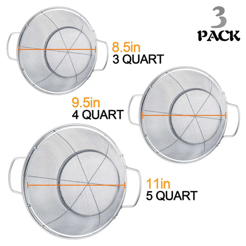 Three Pack 18/8 Stainless Steel Colander Sieves Set With Handy Handles And Resting Base For No Fuss Straining Draining Rinsing Or Steaming In 5 Quart 4 Quart And 3 Quart Sizes, showing three different sized colanders with dimensions.