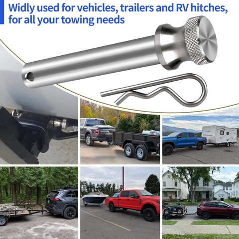 Stainless Steel Five Eighth Inch Hitch Pin And Lock Clip For Two Inch And Two Point Five Inch Receiver Hitches, installed on vehicles.