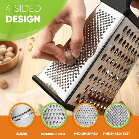Person using Extra Large Four Sided Stainless Steel Box Grater for Parmesan, Vegetables and Ginger, showing coarse shred surface.