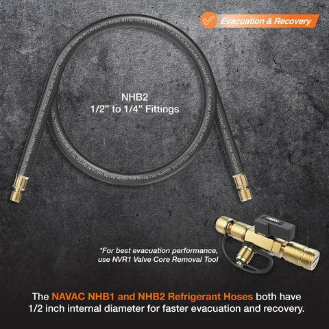 High Flow Refrigerant Hose for HVAC One Half Inch to One Quarter Inch Fittings Six Feet Long One Half Inch Inner Diameter Fast Evac