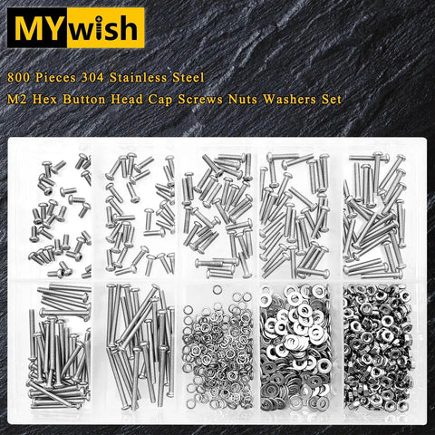 800 Piece M2 Screw And Nut Kit With Stainless Steel Bolts And Nuts Hex Socket Button Head Screws Flat And Spring Lock Washers