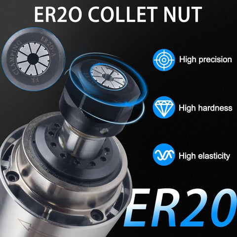 CNC Spindle Motor Kit 2.2KW Air Cooled ER20 High Speed Spindle 24000RPM 220V 8A 400Hz with ER20 collet nut details