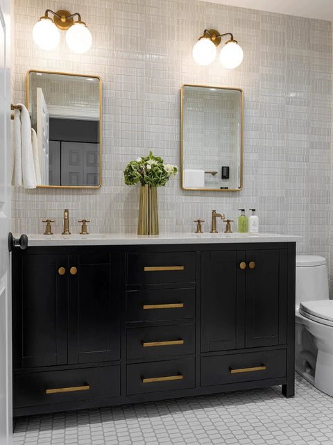 Bathroom vanity with six pack of 5 inch 128mm retro zinc alloy cabinet handles, antique brass pulls on dresser, vintage style hardware.