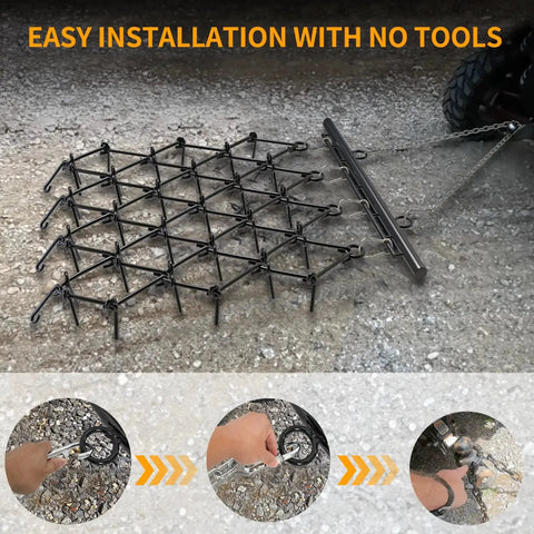 Heavy Duty ATV Chain Drag Harrow 4 Foot Wide by 4 Foot Long with 1/2 Inch Tines attached to lawn tractor