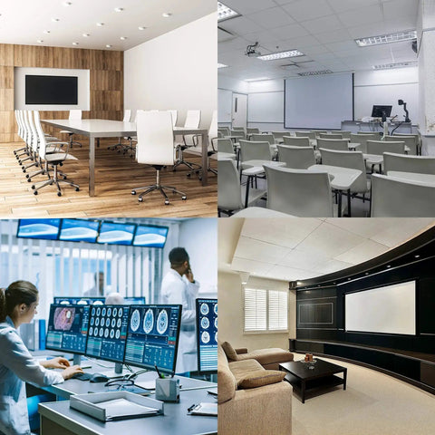 Collage of modern conference room, classroom, medical lab with monitors, and home theater setup.