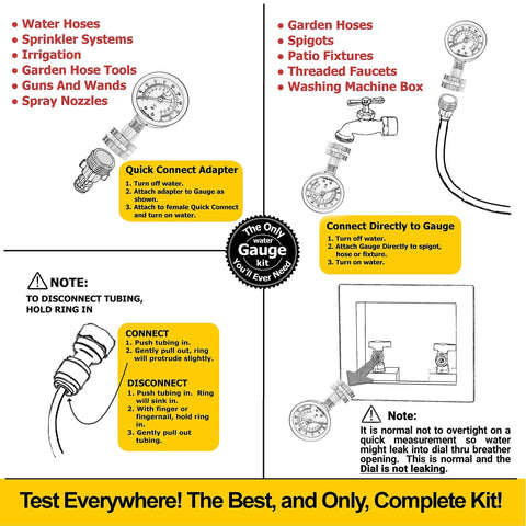 Flow Doctor glycerin-filled water pressure gauge kit, 0–200 psi, 3/4 in female garden hose thread with 5 adapters