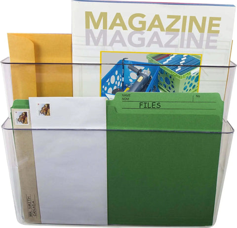 Clear Letter Size Wall File Organizer, 2 Pack, holding magazines, documents, and folders, ideal for home office use