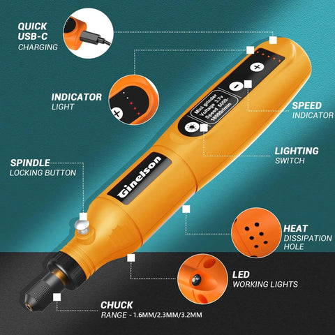 Cordless Mini Rotary Tool Kit GINELSON With 70 Accessories And USB C Charging, 5 Variable Speeds, detailed features diagram