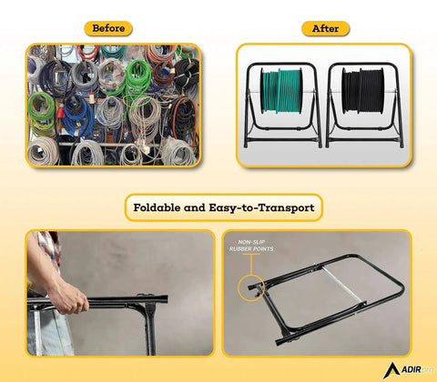 Collage showing before and after using the Single Axle Cable Reel Caddy Built To Last Heavy Duty Industrial Steel Wire Dispenser with foldable design.
