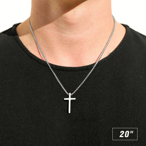Dope Silver Stainless Steel Cross Necklace For Men, 20 Inch Box Chain Pendant, Hypoallergenic And Lead Free, worn on neck