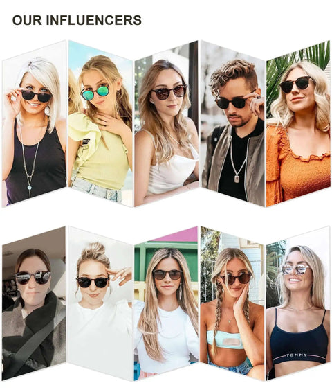 Group of 10 influencers wearing Small Round Polarized Sunglasses For Women And Men, Vintage Style UV400 Lenses, various outfits