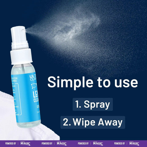 Eyeglass Lens Cleaning Spray Kit With Microfiber Cloths For Glasses, showing spray bottle and cloth with text 'Simple to use'.