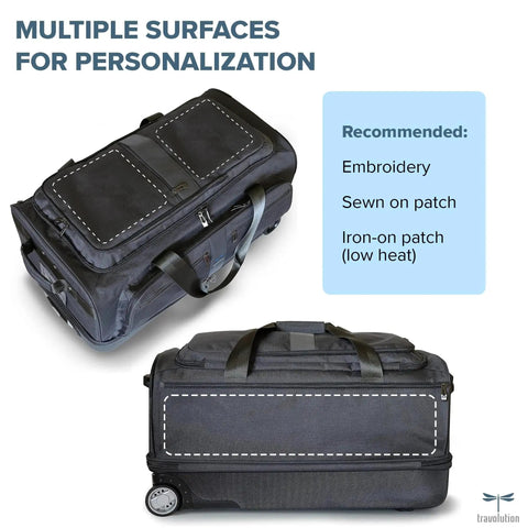 Black and gray dance team travel bag with garment rack and rolling duffel, 28-inch, showing personalization areas, for travel and competition.