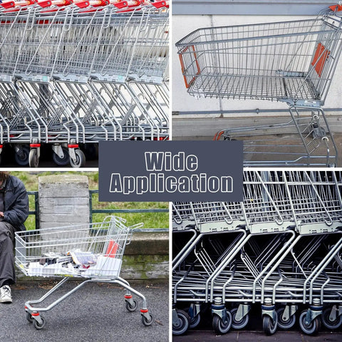 Collage of shopping carts with 5 Inch Shopping Cart Replacement Wheels Kit With Polyurethane Tread Stepped And Full Tread Face Double Ball Bearing Silent TPU Caster Wheels With Screws For Supermarkets 250 Lb Capacity Per Wheel 4 Pack Grey.