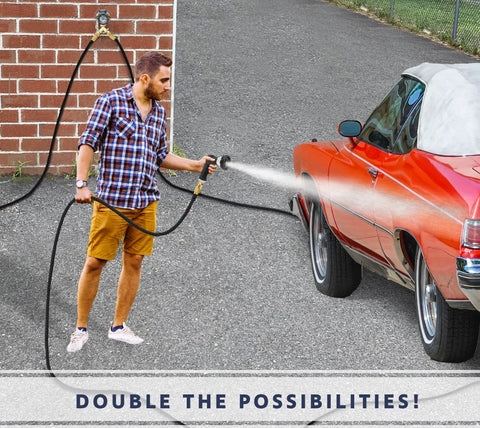 Morvat brass 2-way garden hose splitter in use; man washing a red car with a spray nozzle outdoors