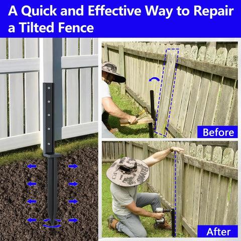 One Piece Fence Post Repair Kit Two Pack Heavy Duty Post Anchors 32 Inch Metal Ground Stakes for repairing tilted or broken wooden fences