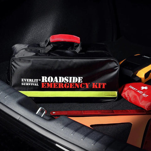 Go To Car Roadside Emergency Kit With Digital Tire Inflator 12 Foot Jumper Cable Tow Strap First Aid Kit Work Gloves Flashlight And More For Women Men Teens By Everlit displayed in car trunk