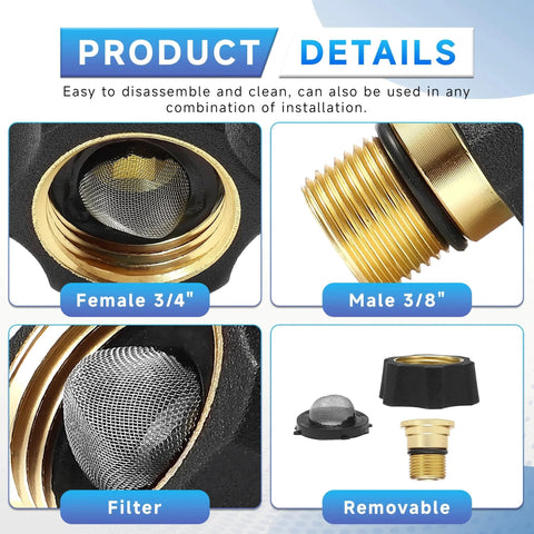 Water Inlet Fitting for Pressure Washer Pumps, Three Quarter Inch Female to Three Eighth Inch Male, Replacement Part for Simpson Cleaning 7112362, 2 Pack, Gold Finish, EZALOR details showing threads, filter, and removable parts.