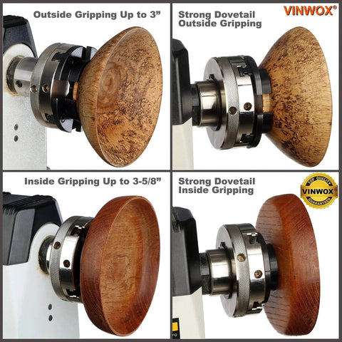 4 Inch 4 Jaw Self Centering Wood Lathe Chuck With 2 Inch Round Jaws, 1x8TPI To Three Fourth X 16TPI Adapter, showing outside and inside gripping