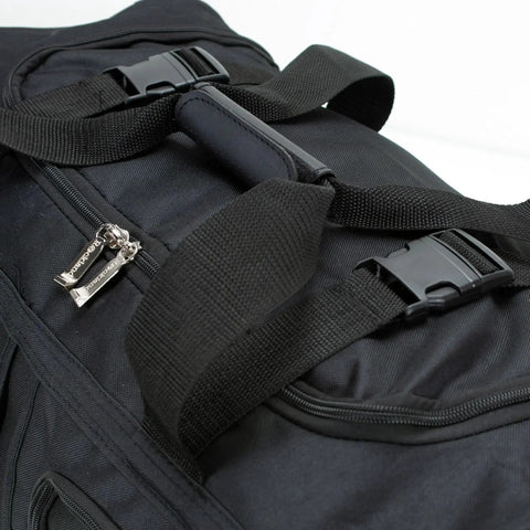 Close-up of heavy-duty zipper on Rolling Duffel Bag With Extra Large Wheels And A Wide U Shaped Opening, Sleek Black 22 Inch Soft Sided Luggage