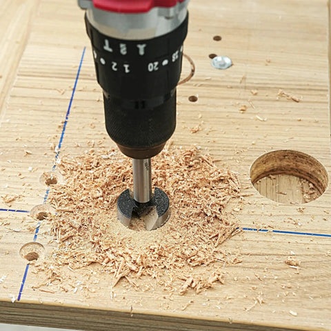 Pro Grade Forstner Bit Set 8pc For Woodworking And DIY Projects, Carbide Forstner Bits With Round Shank in action on wood