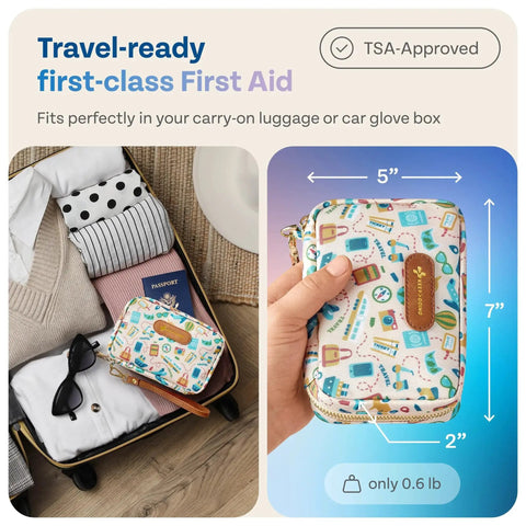 Compact TSA-approved Travel First Aid Kit for Car Home Hiking Camping and Outdoor Emergencies with organized essentials, 5" x 7" size