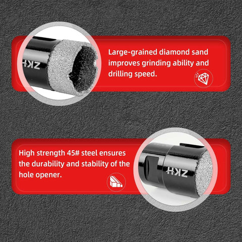 Pro Grade Diamond Core Drill Bits 3/4 Inch Vacuum Brazed Hole Saw For Tile Porcelain Ceramic Marble Stone Glass Granite With 5/8-11 UNC Thread Tough Diamond Edge Long Lasting Cutting For Wet Or Dry Use close-up, highlighting diamond sand and steel strength.