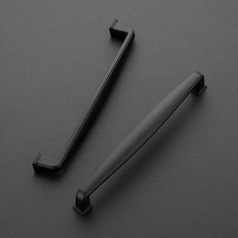 Two solid matte black cabinet handles, part of the 5 Pack Solid Matte Black Cabinet Handles For Kitchen Drawers Cabinets Cupboards.