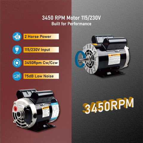 2HP Air Compressor Replacement Motor With 3450 RPM Dual Voltage 115 Or 230V 56 Frame 5 Eighth Inch Keyed Shaft Ultra Quiet