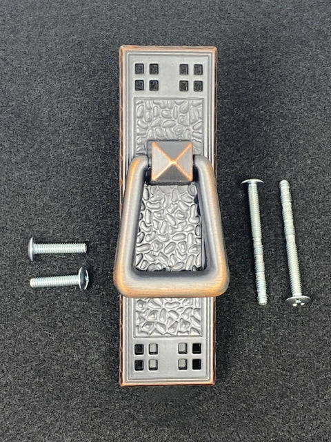 Vertical Mission Pull in Oil Rubbed Bronze for cabinets and drawers with mounting screws, elegant hardware for kitchen and furniture.