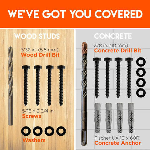 TV Mount Lag Bolt Kit For Wood Or Concrete With Heavy Duty Bolts Fischer Anchors And Drill Bits No Fuss Remount For Your TV Fast And Easy Without Replacing The Mount shown with wood and concrete drill bits, screws, washers, and anchors.