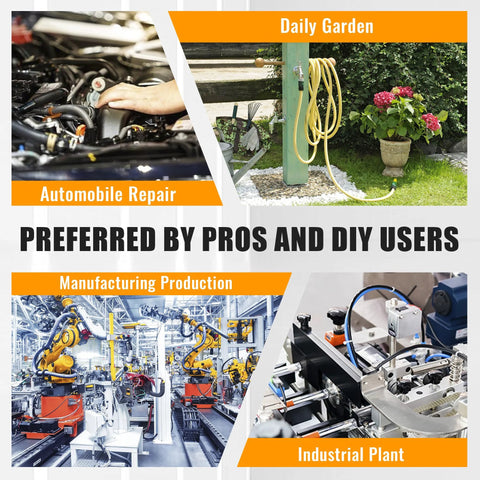 Automotive repair and industrial production collage showing engine work, garden hose setup, and robotic factory line.