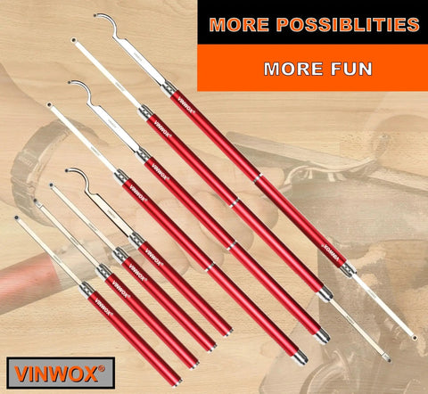Carbide Wood Lathe Tool Set for Pen Turning with Swan Neck Hollower Rougher Finisher and Detailer Aluminum Handles 14 to 29 Inches fine polished stainless shank rotatable tips no sharpening needed from VINWOX