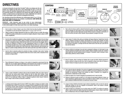 Instructions for use of Permatex Windshield Chip Repair Kit, detailing application steps and components for effective repair.